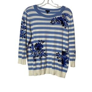 TALBOTS Sweater Women's M Blue Stripe Cotton Long Sleeve Flower Print